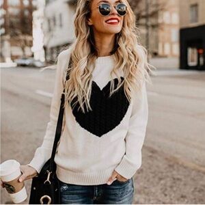 Black and White Heart Crew Neck Sweater